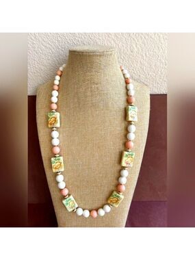 Japan Beaded Floral Lucite Necklace 29" Vtg